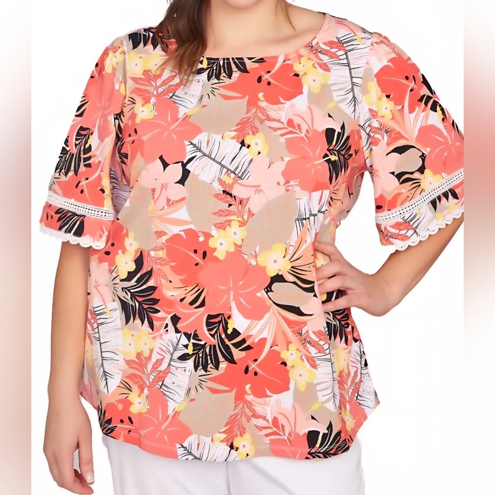 Ruby Rd Plus Tropical Print Scoop Neck Short Sleeve Tee